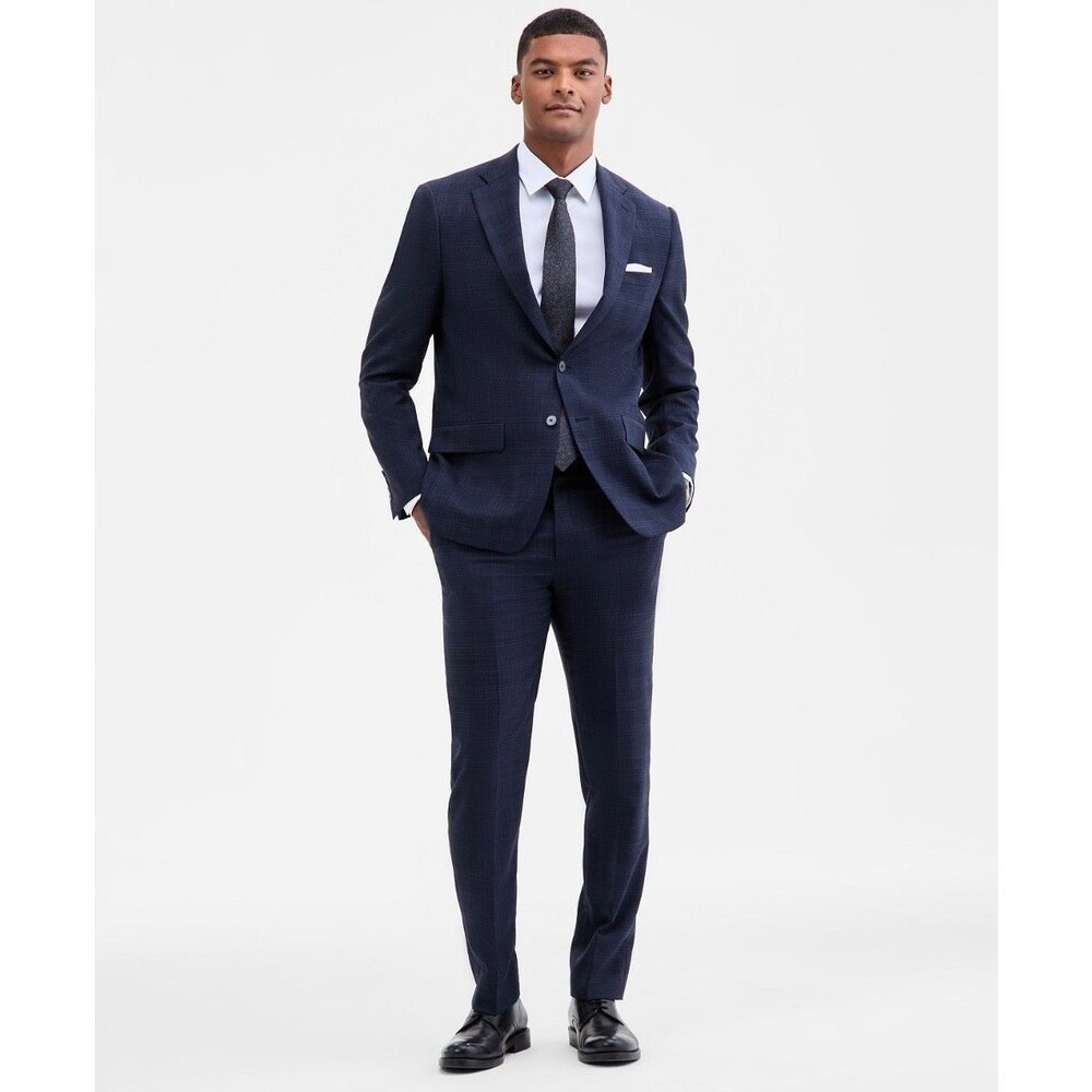 $650 NEW CALVIN KLEIN Mens 44S Blue Check Slim 2 Piece Suit W/ Dress Pants 36x30
